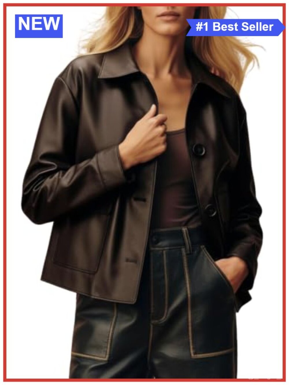 Women's Faux Leather Cropped Jacket Button Pointed Collar Patch Pockets